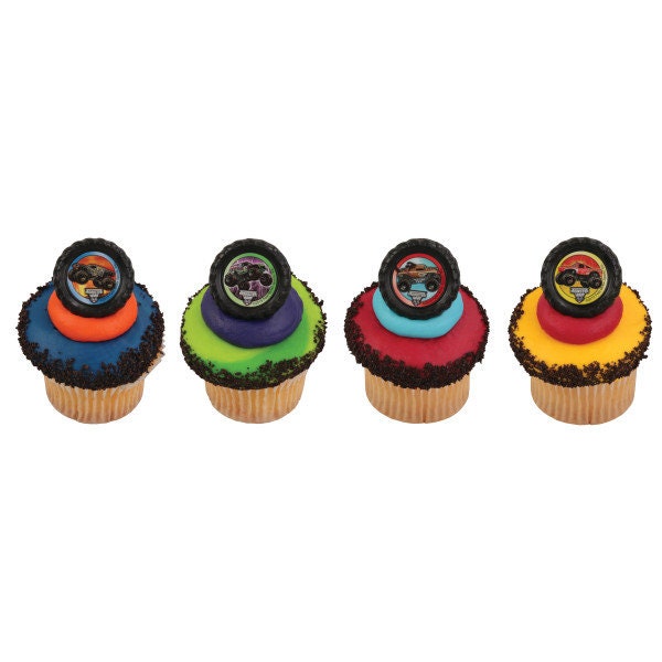 MONSTER JAM Cupcake Rings (12) Car Crushing Crashing Rally Cake Toppers Birthday Party Decoration Picks Craft Supply