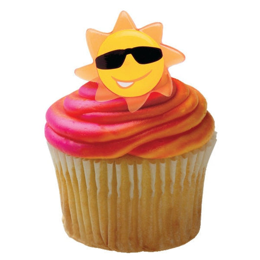 12 SUN FACE Cupcake Rings Summer Fun Sunglasses Cake Toppers Birthday Party Decoration Picks Craft Supply