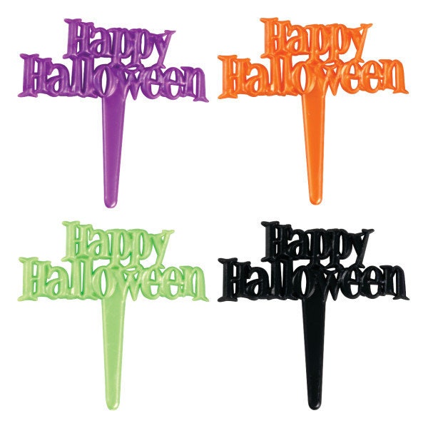 HAPPY HALLOWEEN Cupcake Picks (12) Cake Toppers Rings Party