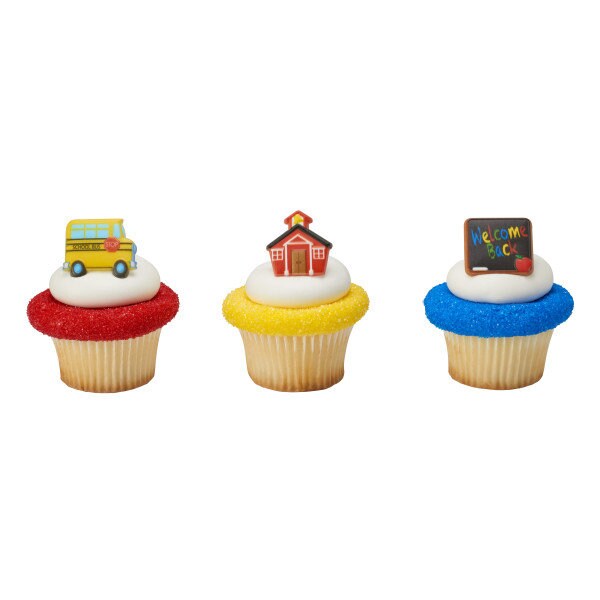 12 SCHOOL ICONS Cupcake Rings School Bus House Welcome Picks Cake Toppers Decoration Party Craft Supply
