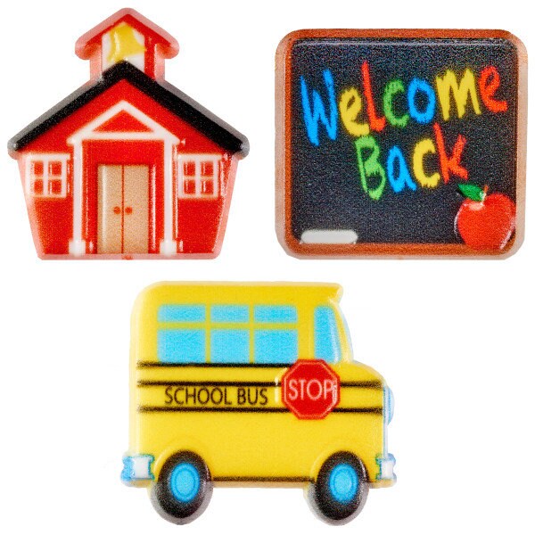 12 SCHOOL ICONS Cupcake Rings School Bus House Welcome Picks Cake Toppers Decoration Party Craft Supply