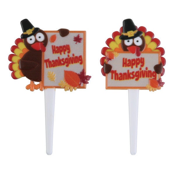 HAPPY THANKSGIVING TURKEYS Cupcake Picks Fall Harvest Pilgrim Thanksgiving Rings Cake Toppers Party