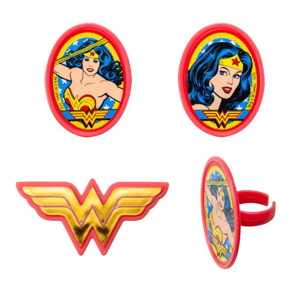 12 WONDER WOMAN Cupcake Rings Cake Toppers for Birthday Party Decoration Craft Supply
