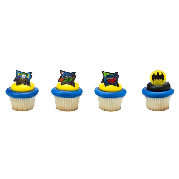 12 BATMAN Cupcake Rings POW! Cake Toppers for Birthday Party Decoration Craft Supply