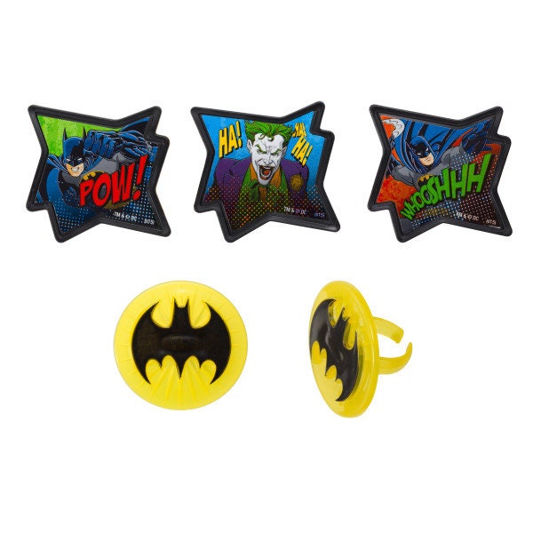 12 BATMAN Cupcake Rings POW! Cake Toppers for Birthday Party Decoration Craft Supply