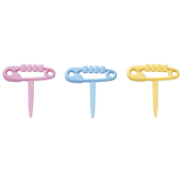 12 BABY DIAPER PINS Cupcake Picks Cake Toppers for Baby Shower Boy Girl Party Decoration Craft Supply
