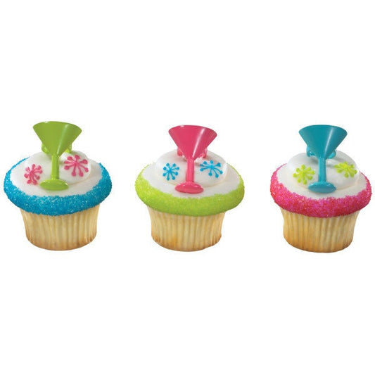 12 COCKTAIL GLASS Cupcake Rings Cake Toppers for Princess Kids Birthday Party Decoration Craft Supply