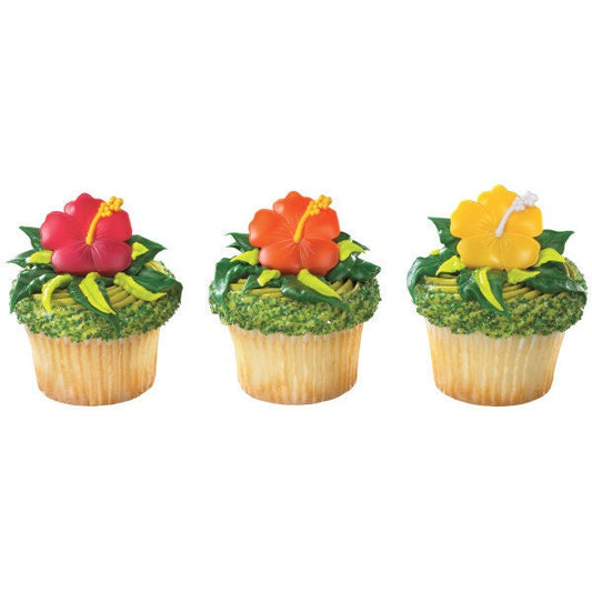 12 HIBISCUS FLOWER Cupcake Rings Cake Toppers Hawaiian Beach Wedding Party Decoration