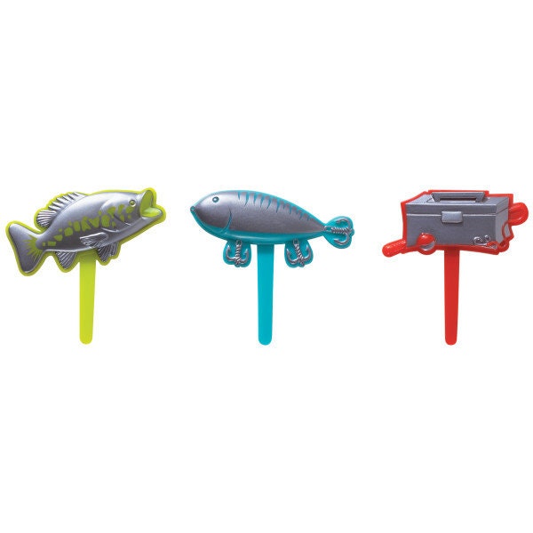 12 FISHING Cupcake Picks Cake Toppers Father's Day Bobber Lure Pole Tacklebox Decoration Birthday Craft Supply