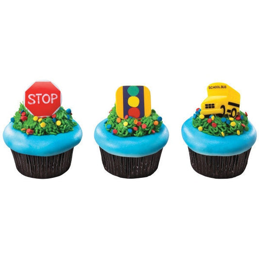 12 STOP LOOK and LISTEN Cupcake Rings School Bus Sign Picks Cake Toppers Decoration Party Craft Supply