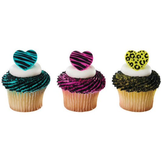12 WILD ABOUT YOU Cupcake Rings Hearts Love Animal Print Picks Cake Toppers Decoration Birthday Party