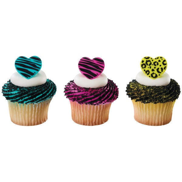 12 WILD ABOUT YOU Cupcake Rings Hearts Love Animal Print Picks Cake Toppers Decoration Birthday Party Craft Supply