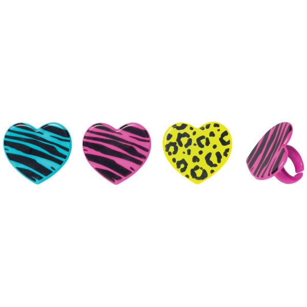 12 WILD ABOUT YOU Cupcake Rings Hearts Love Animal Print Picks Cake Toppers Decoration Birthday Party Craft Supply