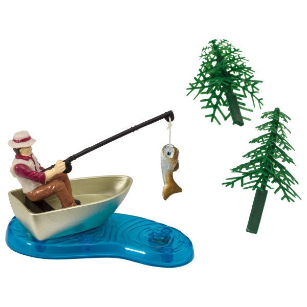 FISHERMAN With ACTION FISH Cake Topper Fishing Hook Pole Tackle Cake Decoration Birthday Decoset