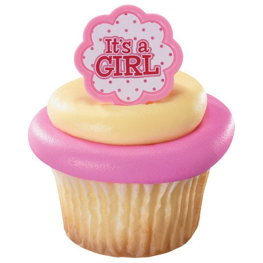 12 IT'S A GIRL Cupcake Rings Cake Toppers for Pink Baby Shower Reveal Party Decoration Craft Supply