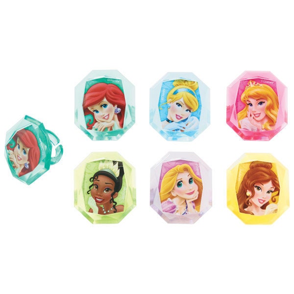 12 DISNEY PRINCESS GEMSTONE Cupcake Rings Tiana Aurora Belle Cinderella Ariel Cake Toppers Birthday Party Decoration Craft Supply