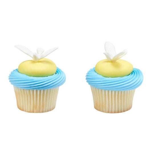 12 DOVE Cupcake Picks Baptism Wedding Baby Shower Cake Toppers Rings Party Decoration