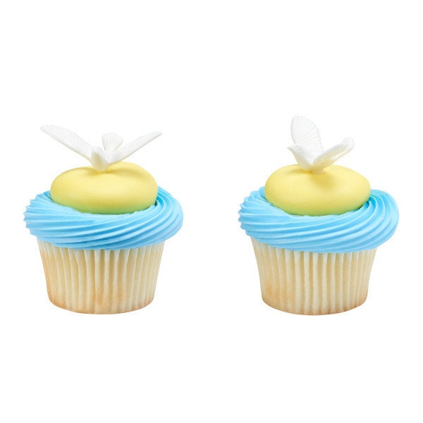12 DOVE Cupcake Picks Baptism Wedding Baby Shower Cake Toppers Rings Party Decoration Craft Supply