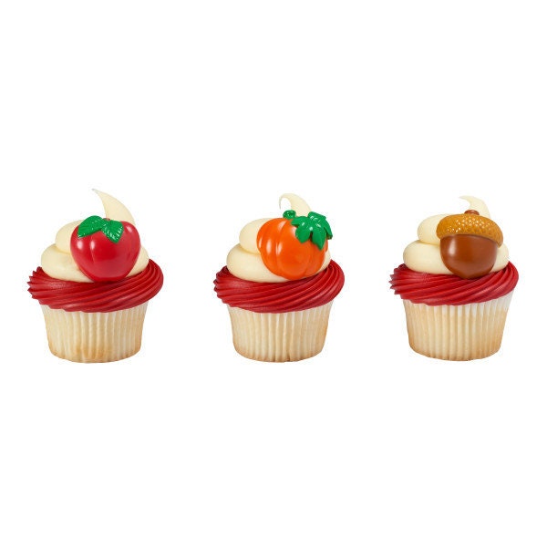 12 AUTUMN HARVEST Cupcake Rings Acorn Apple Pumpkin Fall Cake Toppers Birthday Party Decoration Craft Supply