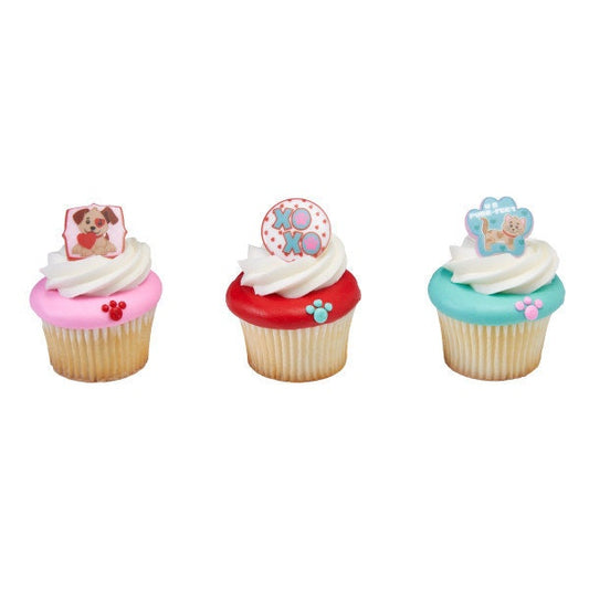 12 PAWS AND KISSES Cupcake Rings Valentine Heart Love Puppy Dog Cat Kitty Xoxo Cake Toppers Birthday Party Decoration