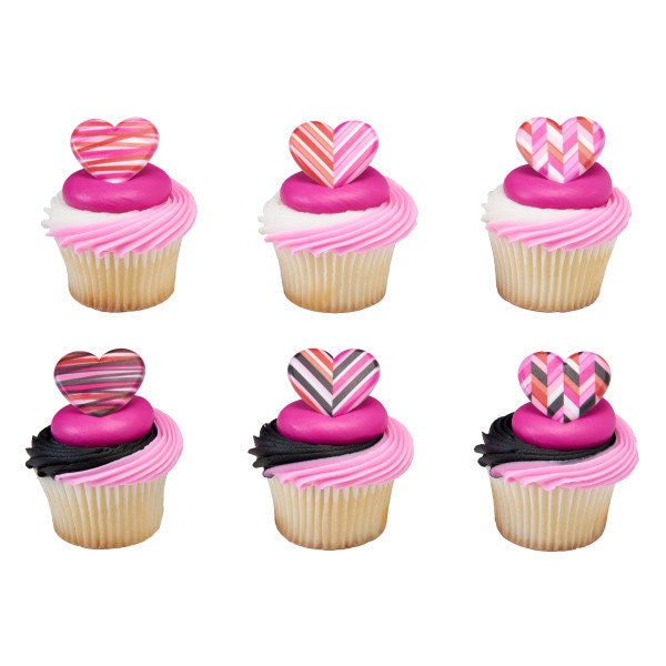 12 FRESH GEOMETRIC HEARTS Cupcake Rings Valentine Heart Love Xoxo Cake Toppers Birthday Party Decoration Craft Supply