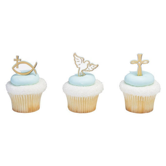 12 SPIRITUAL ICONS Cupcake Picks Baptism Christian Easter Jesus Church Religious Cake Toppers Rings Party Decoration