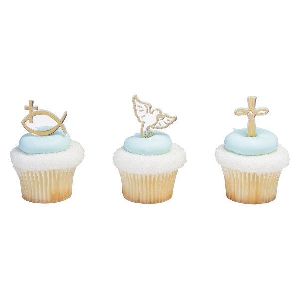 12 SPIRITUAL ICONS Cupcake Picks Baptism Christian Easter Jesus Church Religious Cake Toppers Rings Party Decoration Craft Supply