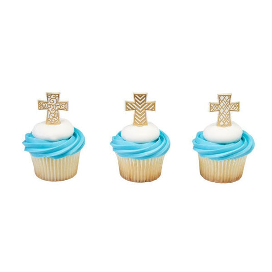 12 GOLD CROSS ASSORTMENT Cupcake Picks Baptism Easter Christian Jesus Church Religious Cake Toppers Rings Party Decoration Craft Supply