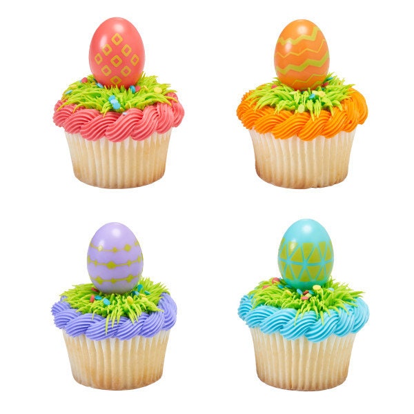 12 EASTER EGG Cupcake Picks Baptism Easter Christian Jesus Church Religious Cake Toppers Rings Party Decoration Craft Supply
