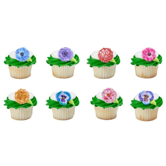 12 GARDEN FLOWER Cupcake Rings Spring Daisy Floral Garden Mother's Day Cake Toppers Party Decoration Craft Supply