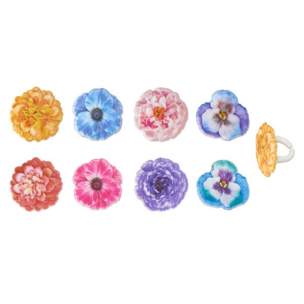 12 GARDEN FLOWER Cupcake Rings Spring Daisy Floral Garden Mother's Day Cake Toppers Party Decoration Craft Supply