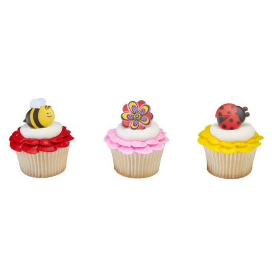 12 SPRING HAS BLOSSOMED Cupcake Rings Bee Lady Bug Spring Daisy Floral Garden Cake Toppers Party Decoration