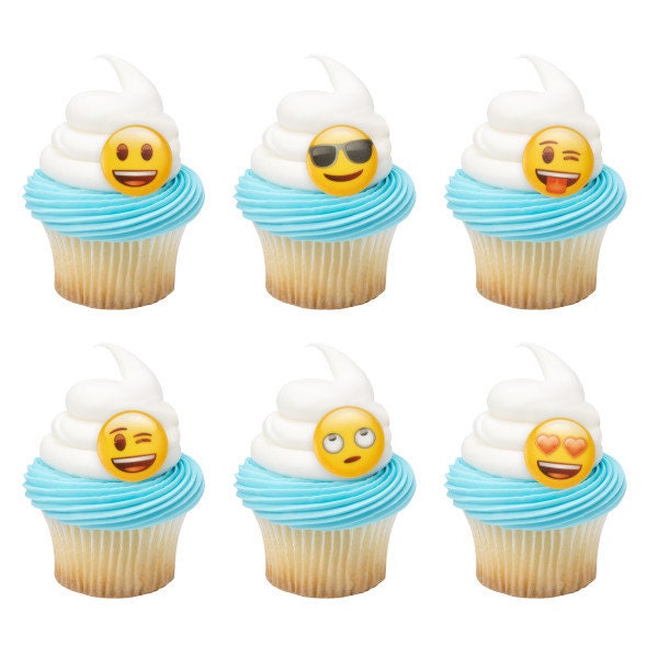 12 EMOJI Cupcake Rings Icons Faces Cake Toppers Birthday Party Decoration Craft Supply