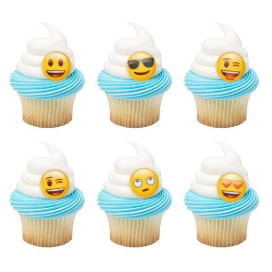 12 EMOJI Cupcake Rings Icons Faces Cake Toppers Birthday Party Decoration Craft Supply