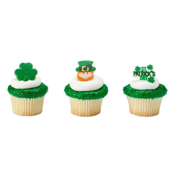 12 ST. PATRICK'S DAY Cupcake Rings Icons Shamrock Clover Leprechaun Cake Toppers Party Decoration