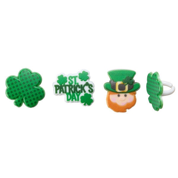 12 ST. PATRICK'S DAY Cupcake Rings Icons Shamrock Clover Leprechaun Cake Toppers Party Decoration Craft Supply