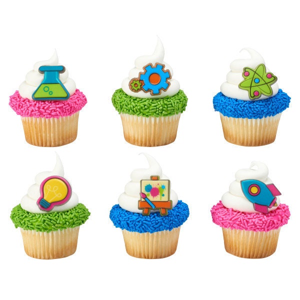 12 STEM ICON Cupcake Rings Rocket Science Mathematics Lightbulb Cake Toppers Birthday Party Decoration Craft Supply