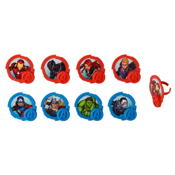 MARVEL AVENGERS Cupcake Rings (12) Mightiest Heroes Hulk Thor Iron Man Cake Toppers Birthday Party Decoration Craft Supply