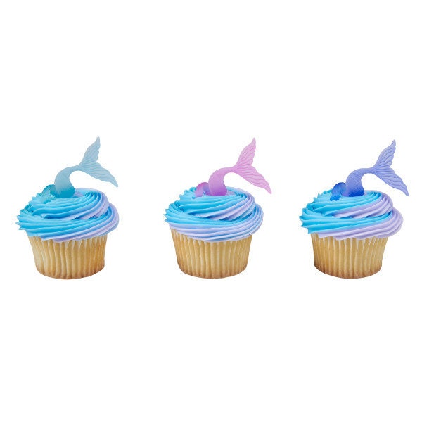 12 MERMAID TAIL Wrap Cupcake Rings Under the Sea Ocean Cake Picks Toppers Rings Birthday Party Decoration