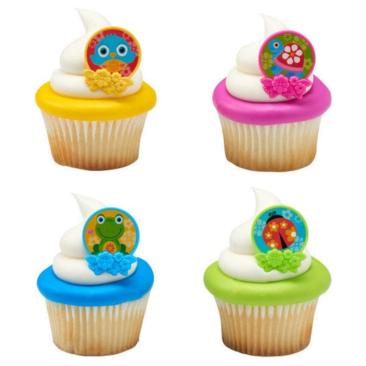 12 SPRING FRIENDS Cupcake Rings Spring Summer Frog Turtle Ladybug Cake Toppers Party Decoration Craft Supply