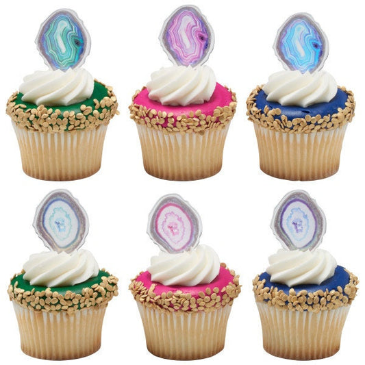 12 AGATE / GEODE Cupcake Picks Crystal Rocks Gem Gold Cake Toppers Birthday Party Decoration Craft Supply