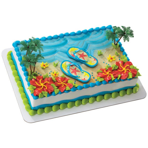 SUMMER FLIP FLOPS Cake Topper Palm Tree Beach Sand Party Vacation Cake Decoration Decoset Craft Supply
