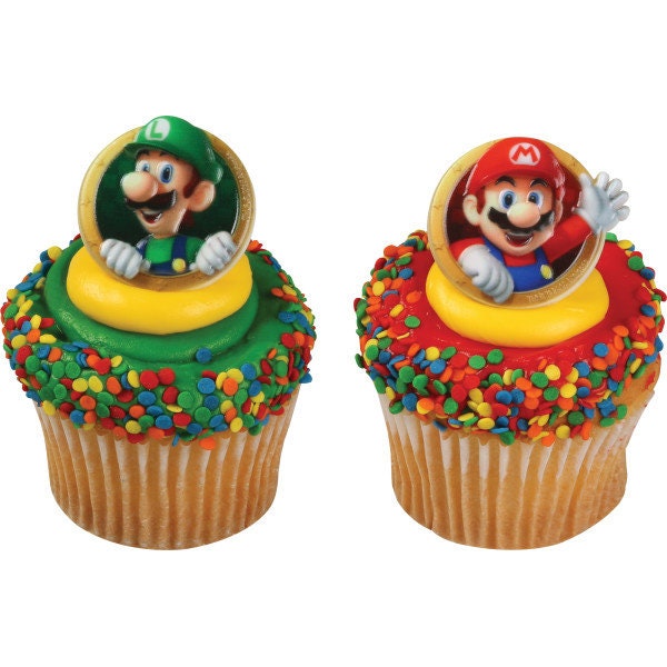 SUPER MARIO Cupcake Rings (12) Mario Luigi Nintendo Classic Cake Toppers Birthday Party Decoration Picks Craft Supply