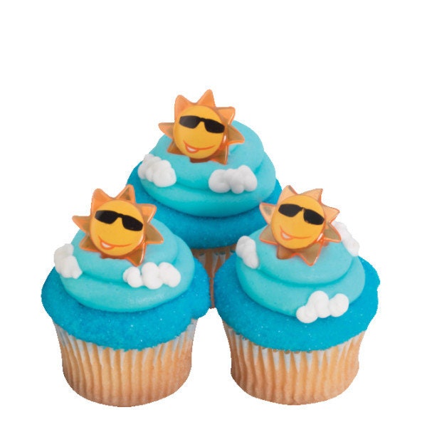 12 SUN FACE Cupcake Rings Summer Fun Sunglasses Cake Toppers Birthday Party Decoration Picks