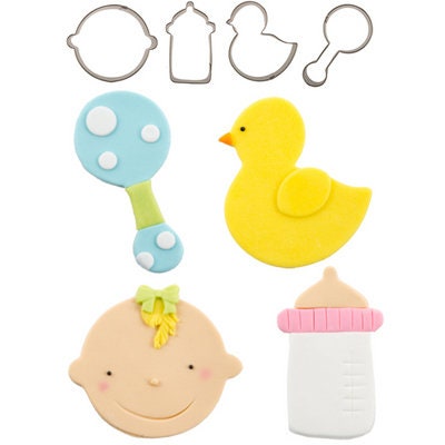 Cutie Cupcake Baby Cutter Set - Baby Face, Bottle, Rattle, and Duck -- For cakes, cupcakes, and cookies.  Fondant OR Gumpaste