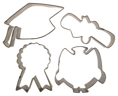 Cutie Cupcake Graduation Cutter Set - Graduation Cap, Owl, Ribbon, Diploma -- For cakes, cupcakes, and cookies.  Fondant OR Gumpaste