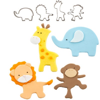 Cutie Cupcake Jungle Cutter Set - Monkey, Lion, Elephant, Giraffe -- For cakes, cupcakes, and cookies.  Fondant OR Gumpaste Craft Supply