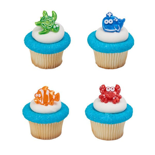 12 BEACH CUTIES Cupcake Rings Birthday Turtle Crab Whale Clown Fish Cake Toppers Party Decoration Picks
