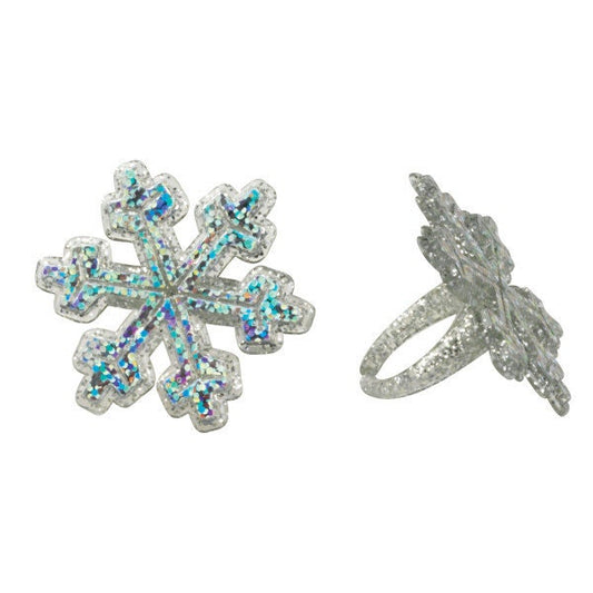 12 SNOWFLAKE Cupcake Rings Christmas Holographic Glitter Winter Snow Cake Toppers Party Decoration Craft Supply