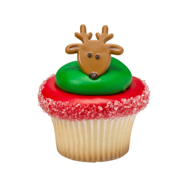REINDEER FACE Cupcake Rings (12) Christmas Favors Cake Toppers Party Decoration Craft Supply